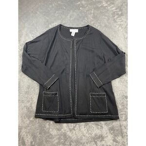 MAGGIE MCNAUCHTON 1X Black Cardigan Sweater Open Front Pockets Contrast Stitch